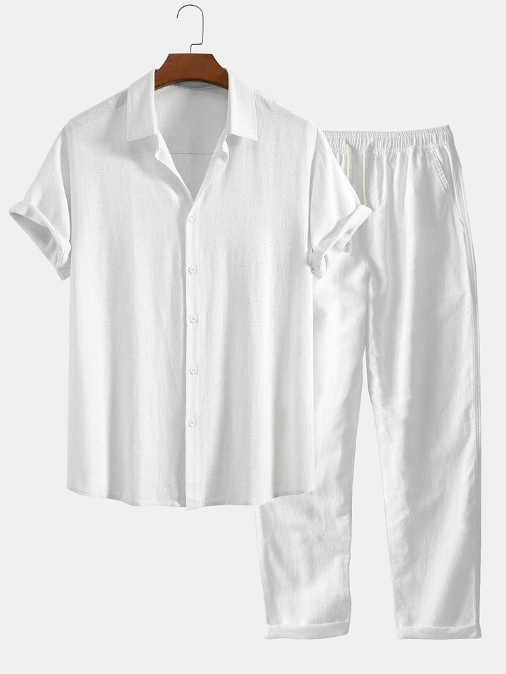 Linnen Rayon Mix Knopen Shirt & Rechte Pijpen Linnen Broek