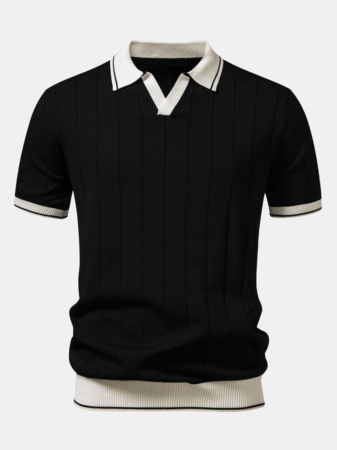 Contrast Trim Ribbed Johnny Collar Knit Polo & Elastic Waist Straight Leg Trousers