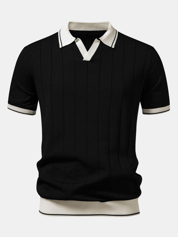 Contrast Trim Ribbed Johnny Collar Knit Polo & Elastic Waist Straight Leg Trousers