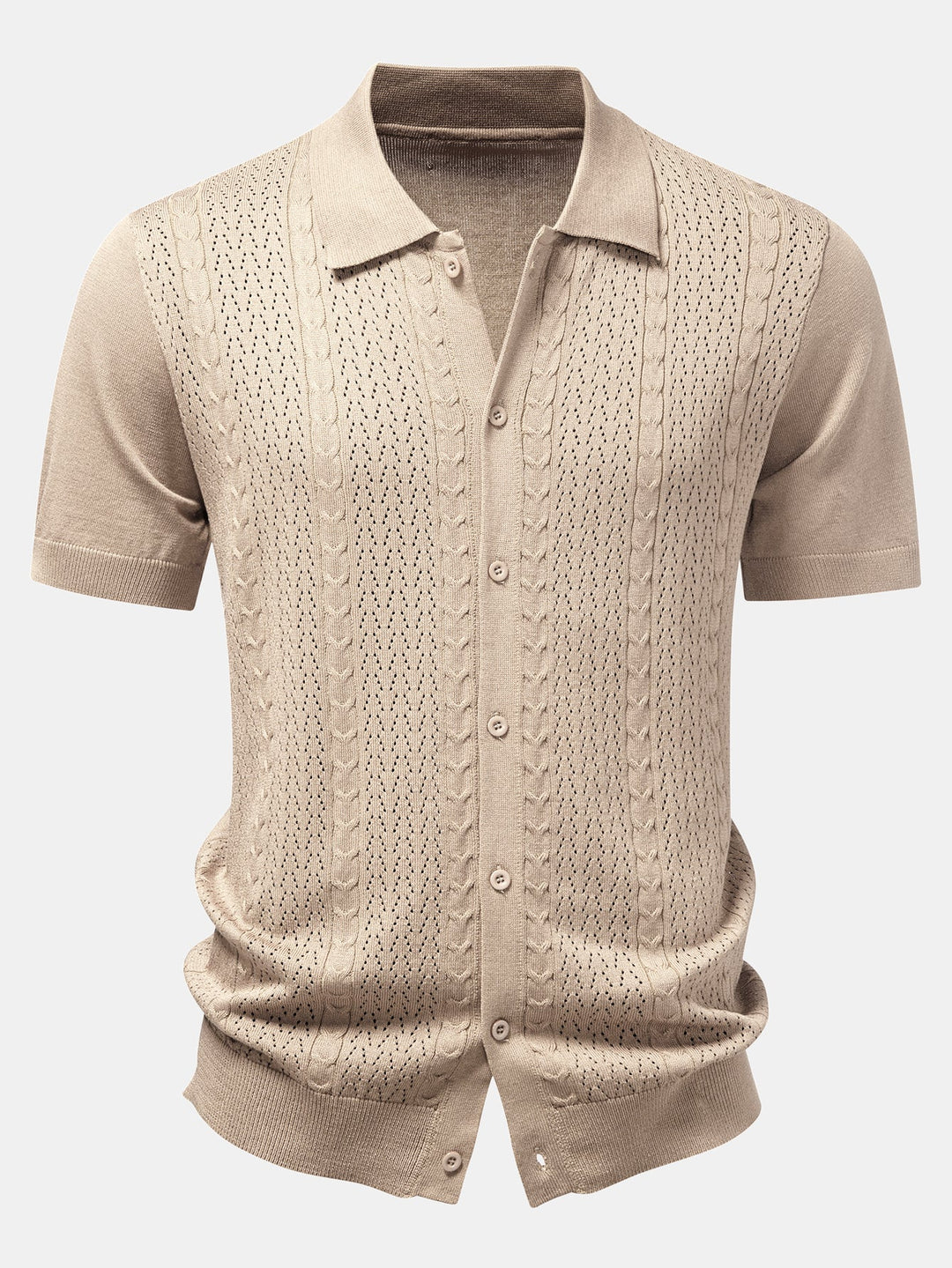 Twisted Jacquard Button Up Knit Shirt & Crinkle Textured Drawstring 5" Shorts