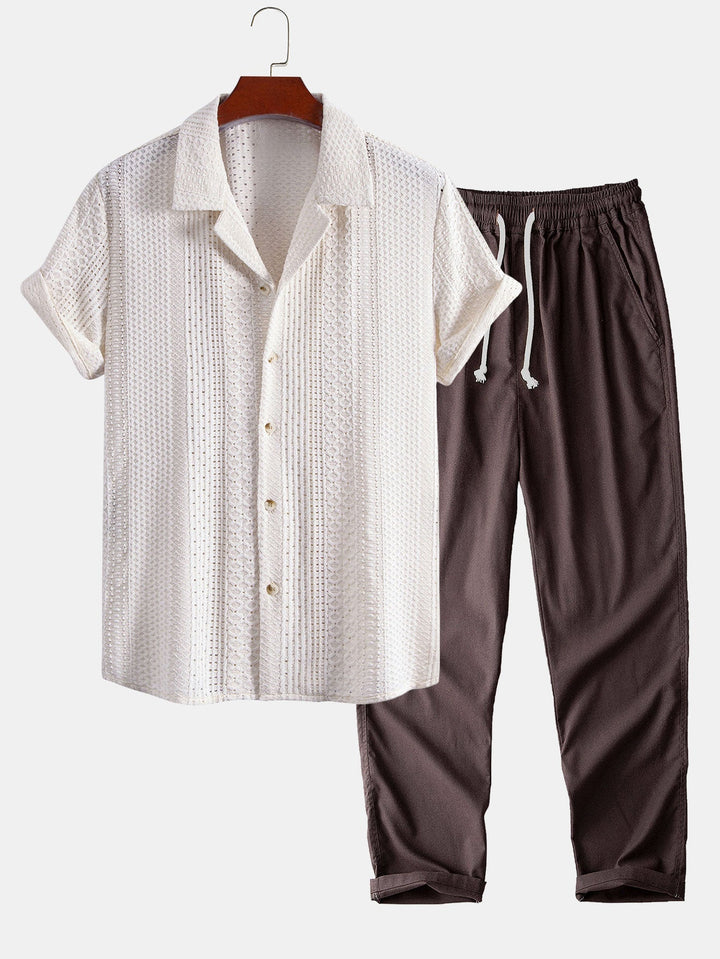 Geometric Jacquard Cuban Collar Shirt & Straight Leg Linen Pants