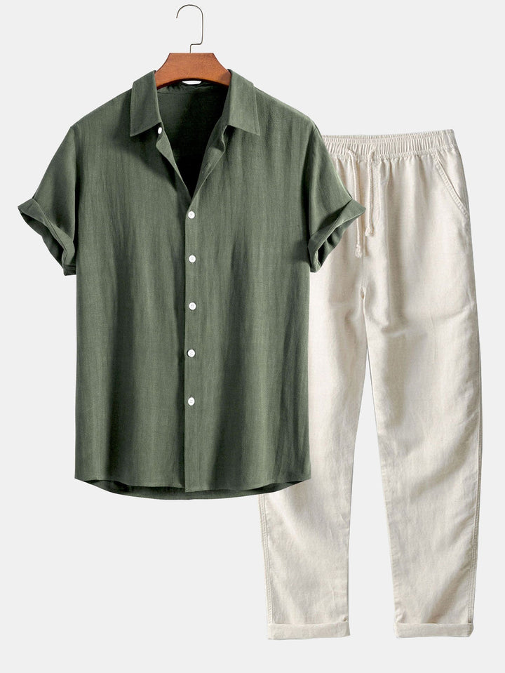 Linnen Rayon Mix Knopen Shirt & Rechte Pijpen Linnen Broek