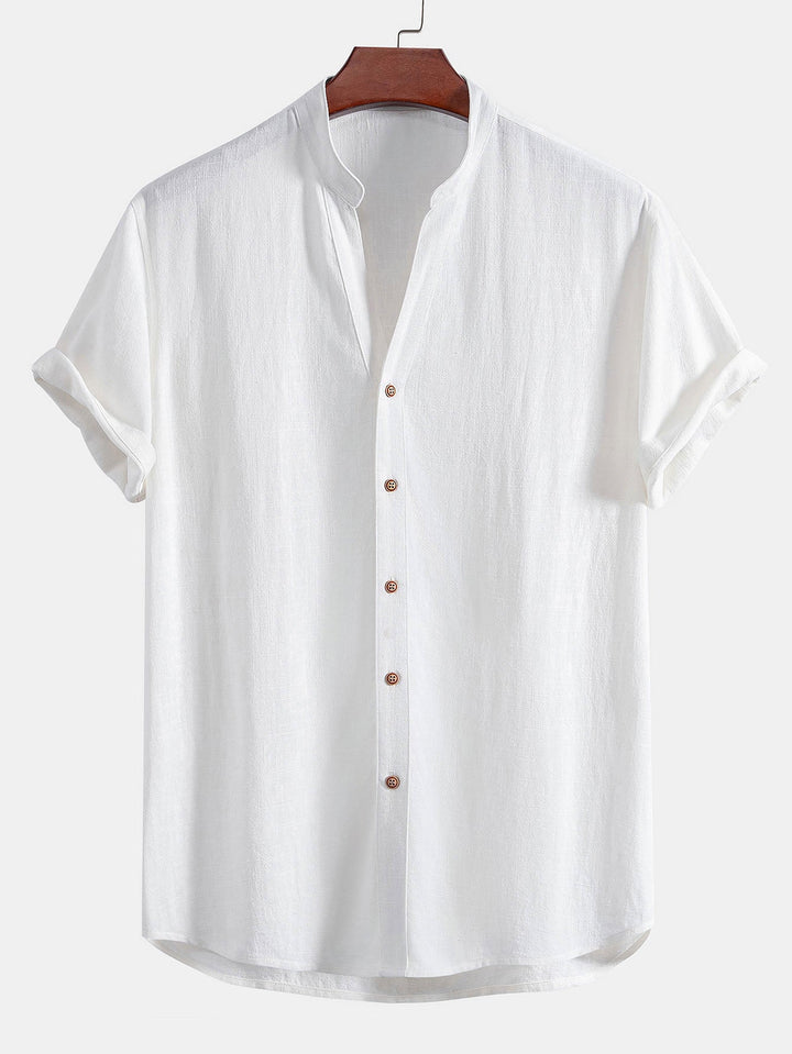 Linen and Rayon V-Neck Short Sleeve Shirt