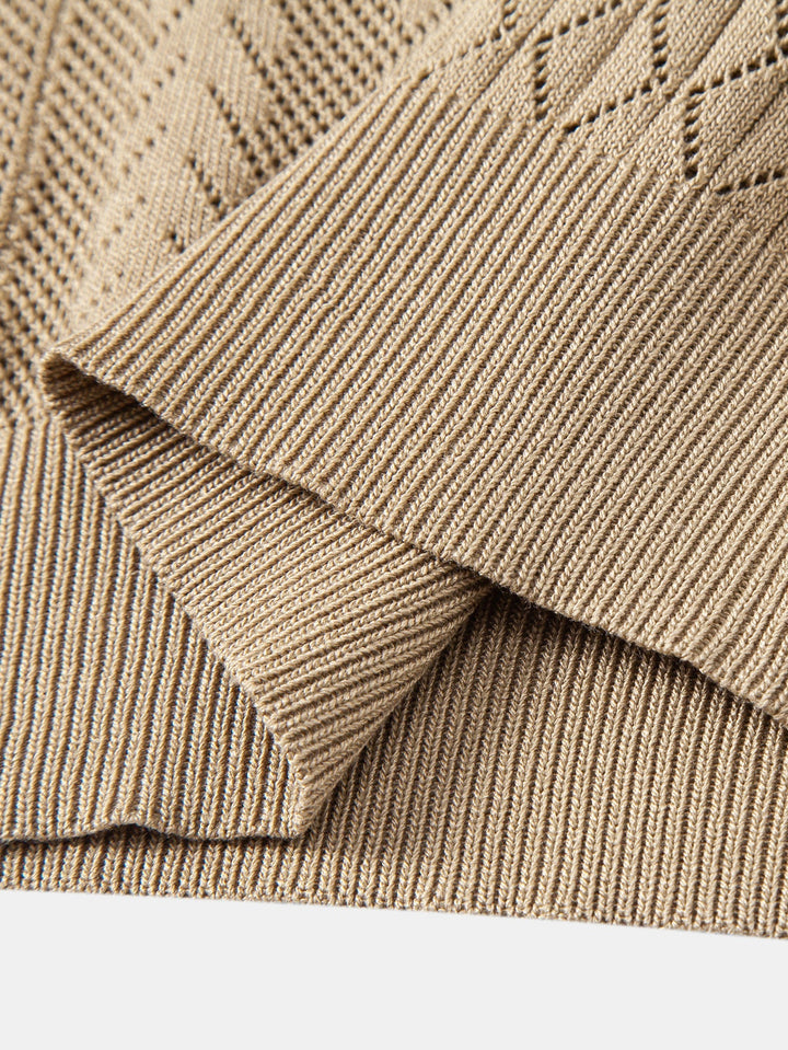 Geometric Jacquard Open Knit Polo & Straight Leg Ribbed Pants