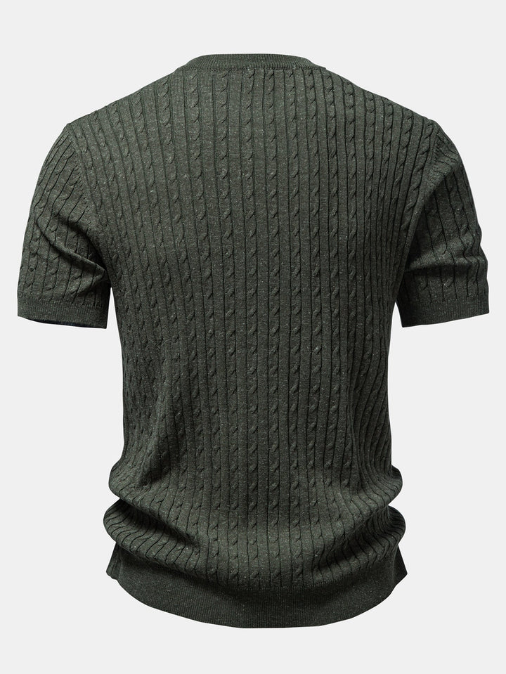 Twisted Jacquard Crew Neck Button Up Knit Shirt & Slim Fit Tapered Trousers