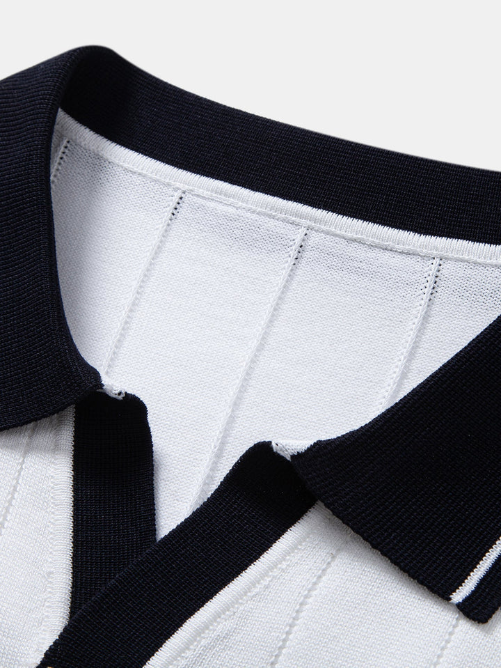 Contrast Trim Ribbed Johnny Collar Knit Polo & Elastic Waist Straight Leg Trousers