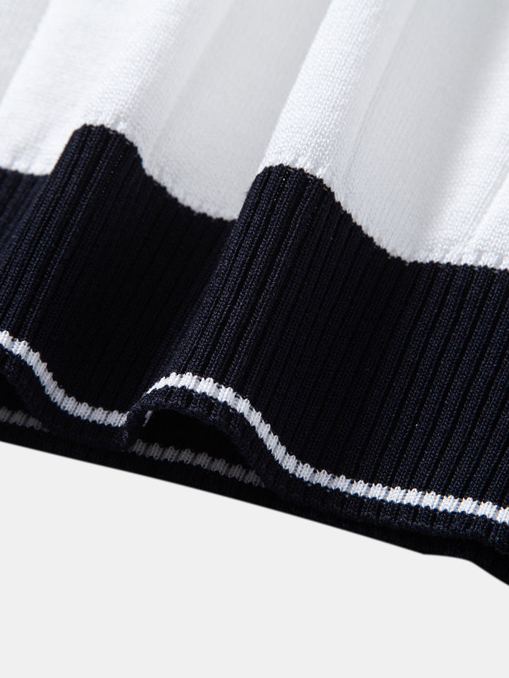 Contrast Trim Ribbed Johnny Collar Knit Polo & Elastic Waist Straight Leg Trousers