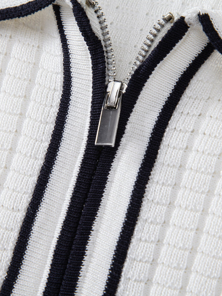 Contrast Trim Waffle Zipper Knit Polo & Slim Fit Tapered Trousers