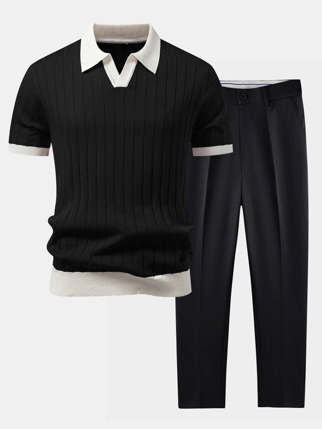 Contrast Trim Stripe Johnny Collar Polo & Slim Fit Tapered Trousers