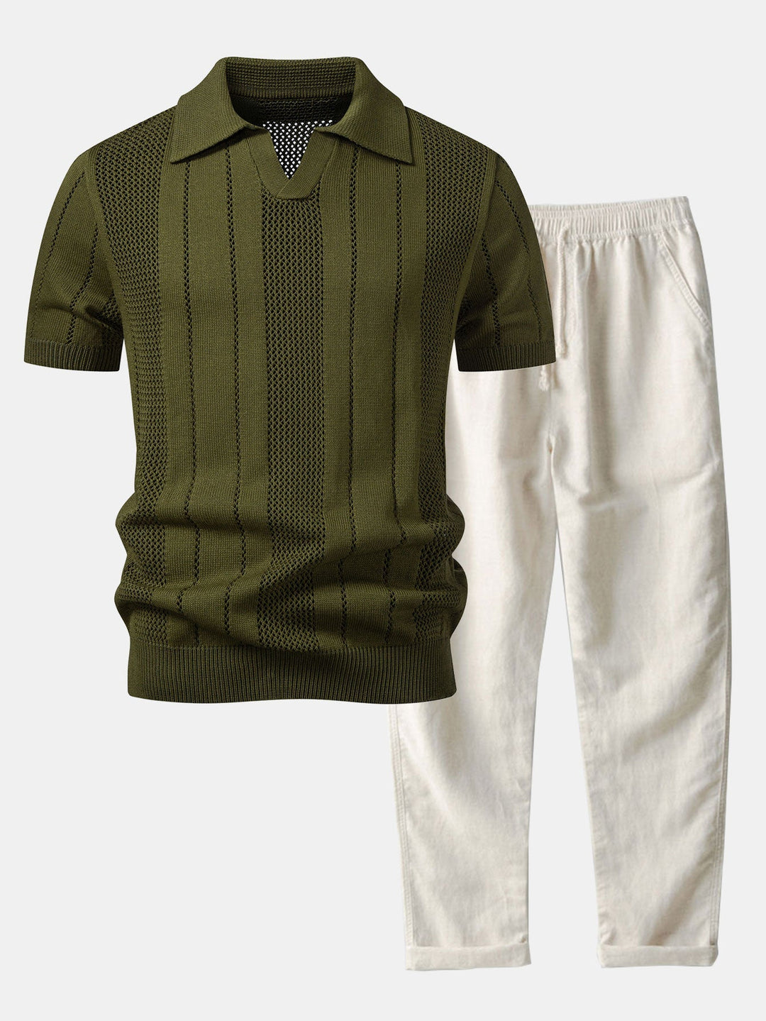 Johnny Collar Striped Open Knit Polo & Straight Leg Linen Pants