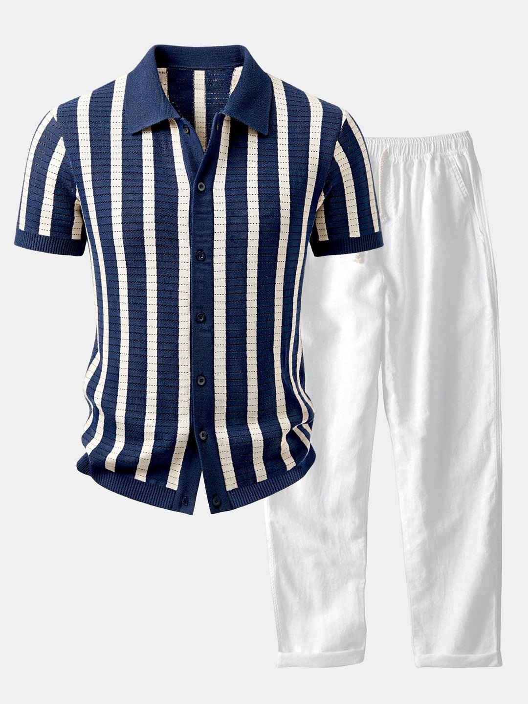 Stripe Button Up Knit Shirt & Straight Leg Linen Pants